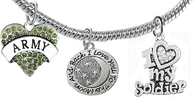 Army, I Love You to The Moon and Back, Crystal I Love My Soldier, Licensed Army Charm, Snake Chain Bracelet, Hypoallergenic, Safe-Nickel, Lead, Cadmium Free