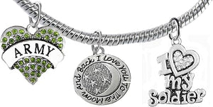 Army, I Love You to The Moon and Back, Crystal I Love My Soldier, Licensed Army Charm, Snake Chain Bracelet, Hypoallergenic, Safe-Nickel, Lead, Cadmium Free