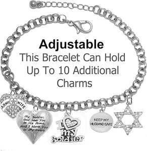 Army Wife, My Soldier, God Has You In His Arms And I Have You In My Heart, Star Of David, Keep My Husband Safe, Adjustable Bracelet, Hypoallergenic Safe, No Nickel, Lead, Or Poisonous Cadmium