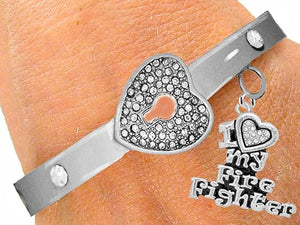It Really Locks!, Firefighter, I Love My Firefighter, The Key to My Heart Cuff Crystal Bracelet, Hypoallergenic, Safe-Nickel, Lead, Free