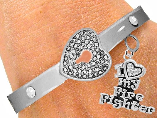 It Really Locks!, Firefighter, I Love My Firefighter, The Key to My Heart Cuff Crystal Bracelet, Hypoallergenic, Safe-Nickel, Lead, Free