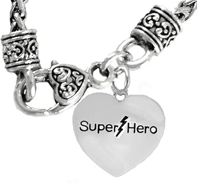 Super Hero Heart Charm On A Antique Wheat Chain Necklace, Hypoallergenic Safe- No Nickel. Lead, Or Poisonous Cadmium