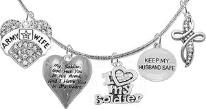 Army Wife, My Soldier, God Has You In His Arms And I Have You In My Heart, Keep My Husband Safe, Genuine Crystal Cross, Adjustable Bracelet, Hypoallergenic Safe, No Nickel, Lead, Or Poisonous Cadmium