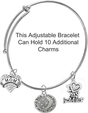 Army Mom, I Love You to The Moon and Back, Crystal I Love My Soldier, Adjustable Miracle Wire Bracelet, Hypoallergenic, Safe-Nickel, Lead, Cadmium Free