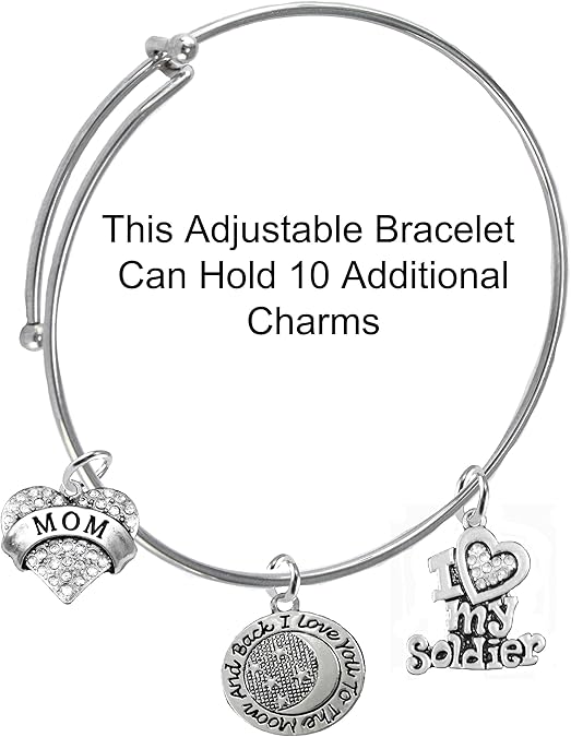 Army Mom, I Love You to The Moon and Back, Crystal I Love My Soldier, Adjustable Miracle Wire Bracelet, Hypoallergenic, Safe-Nickel, Lead, Cadmium Free