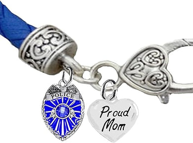 Policeman, Proud Mom, Blue Leather Bracelet, Hypoallergenic, Safe-No Nickel, Lead,or Cadmimum