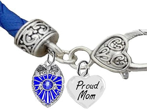 Policeman, Proud Mom, Blue Leather Bracelet, Hypoallergenic, Safe-No Nickel, Lead,or Cadmimum