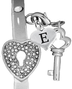 It Really Locks!, The Key To My Heart, "Initial E", Cuff Crystal Bracelet, Hypoallergenic, Safe-Nickel, Lead, Free