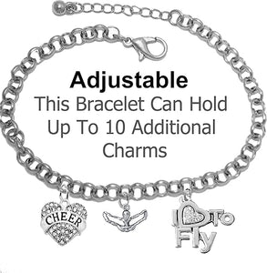 Cheer Heart, Genuine Crystal, Cheerleader, I Love To Fly, Adjustable, Hypoallergenic Genuine Crystal Charm Bracelet, Nickel, Lead, And Cadmium Free