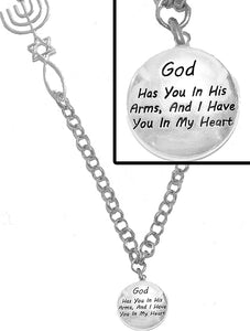 'God Has You In His Arms, And I Have You In My Heart', Messianic Seal of Jerusalem, Adjustable Necklace With Menorah, Star Of David, Christian Fish, Hypoallergenic, Safe-Nickel, Lead, Cadmium Free
