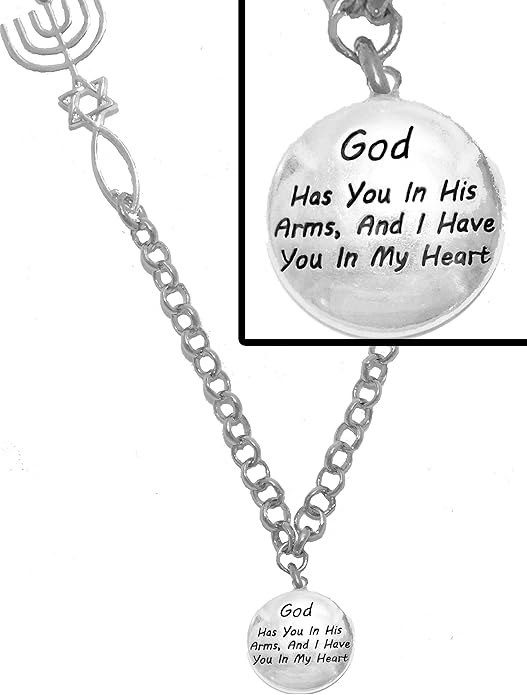 'God Has You In His Arms, And I Have You In My Heart', Messianic Seal of Jerusalem, Adjustable Necklace With Menorah, Star Of David, Christian Fish, Hypoallergenic, Safe-Nickel, Lead, Cadmium Free