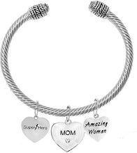 Mom, Super Hero,Crystal Mom,Amazing Woman Charms On A Cable Wire Cuff With Genuine Crystal Ends, Adjustable Hypoallergenic Safe- No Nickel. Lead, Or Poisonous Cadmium.