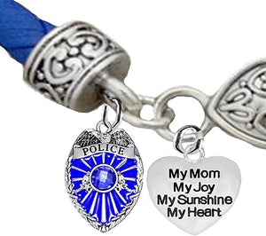 Policeman's Badge. My Mom, My Joy, My Sunshine, My Heart, On A Blue Leather Bracelet, Hypoallergenic, Safe-No Nickel, Lead,or Cadmimum