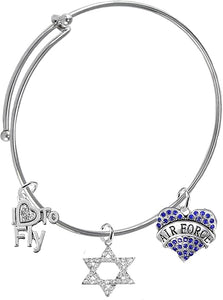 Air Force, I Love to Fly, Genuine Crystal Star of David, Adjustabe Bracelet, Hypoallergenic, Safe-Nickel, Lead Free
