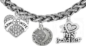 Army Wife, " I Love You To The Moon And Back", I Love My Soldier, Hypoallergenic, Safe-Nickel, Lead, Cadmium Free