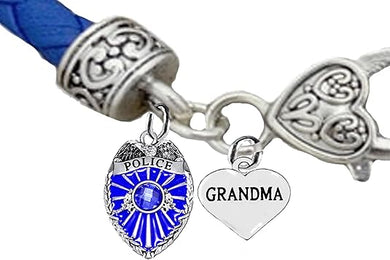 Policeman's Badge. Policeman's Grandma Heart, Blue Leather Bracelet, Hypoallergenic, Safe-No Nickel, Lead,or Cadmimum