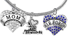 Air Force Mom, Crystal I Love My Airman, Licensed Air Force Charm, Snake Chain Bracelet, Hypoallergenic, Safe-Nickel, Lead, Cadmium Free