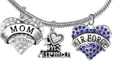 Air Force Mom, Crystal I Love My Airman, Licensed Air Force Charm, Snake Chain Bracelet, Hypoallergenic, Safe-Nickel, Lead, Cadmium Free