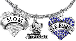 Air Force Mom, Crystal I Love My Airman, Licensed Air Force Charm, Snake Chain Bracelet, Hypoallergenic, Safe-Nickel, Lead, Cadmium Free