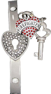 Firefighter, The Key to My Heart Cuff Crystal Bracelet, It Really Locks! Hypoallergenic, Safe-Nickel, Lead, Free