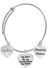 Wife, Super Hero,My Wife, My Joy, My Sunshine My Heart, Amazing Woman Charms On A Miracle Wire, Adjustable Bracelet Hypoallergenic Safe- No Nickel. Lead, Or Poisonous Cadmium.