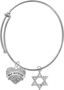 Bas Mitzvah Adjustable Bracelet, Genuine Crystal Heart, Star Of David, Hypoallergenic, Safe-No Nickel, Lead,or Cadmimum