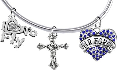 Air Force, I Love to Fly, Genuine Crystal, Crucifix, Adjustable, Removable End Ball Bracelet, Add Charms Without Tools, Hypoallergenic, Safe-Nickel, Lead Free