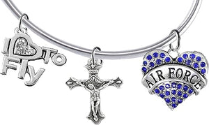 Air Force, I Love to Fly, Genuine Crystal, Crucifix, Adjustable, Removable End Ball Bracelet, Add Charms Without Tools, Hypoallergenic, Safe-Nickel, Lead Free