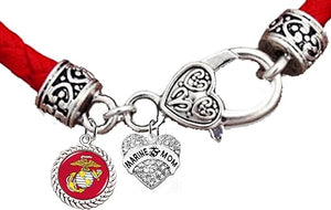Marine Mom Vintage Antique Silver Clasp, Genuine/Red Leather Bracelet, Hypoallergenic, Safe- No Nickel, No Lead and No Poisonous Cadmium