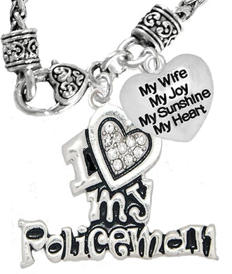 Policeman's, I Love My Policeman, My Wife, My Joy, My Sunshine, Wheat Chain Necklace, Hypoallergenic, Safe-Nickel, Lead, Free