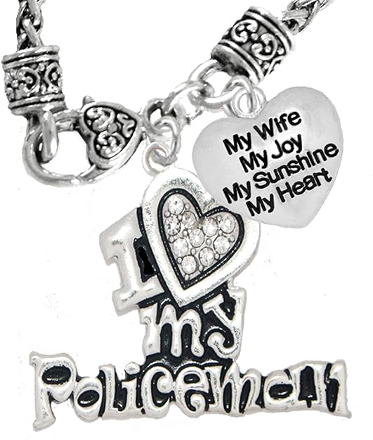 Policeman's, I Love My Policeman, My Wife, My Joy, My Sunshine, Wheat Chain Necklace, Hypoallergenic, Safe-Nickel, Lead, Free