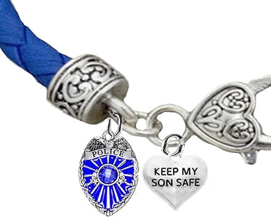 Policeman's Badge, Keep My Son Safe Heart, Blue Leather Bracelet, Hypoallergenic, Safe-No Nickel, Lead,or Cadmimum