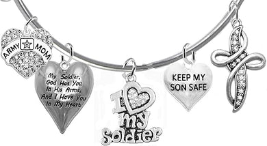 Army Mom, My Soldier, God Has You in His Arms and I Have You in My Heart, Genuine Crystal Cross, Adjustable Bracelet, Hypoallergenic Safe, No Nickel, Lead, Or Poisonous Cadmium