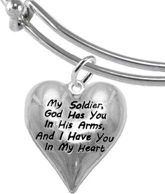 Army, My Soldier, God Has You in His Arms and I Have You in My Heart, Adjustable, Hypoallergenic Safe, No Nickel, Lead, Or Poisonous Cadmium in Bracelet