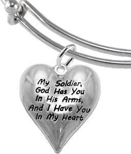 Army, My Soldier, God Has You in His Arms and I Have You in My Heart, Adjustable, Hypoallergenic Safe, No Nickel, Lead, Or Poisonous Cadmium in Bracelet