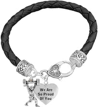 Weightlifters Barbell Lunge Pose, We Are So Proud Of You Heart, On A Black Woven Leather Bracelet, Hypoallergenic - Nickel, Lead, And Poisonous Cadmium Free
