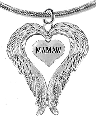 Guardian Angel, Heart (Love) Shaped Wings for Mamaw Necklace, Adjustable, Hypoallergenic, Safe-Nickel, Lead, Free