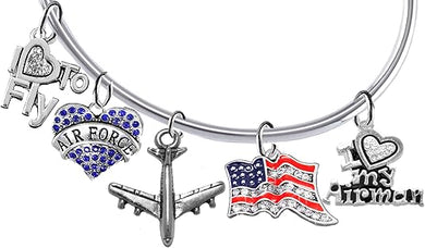 Air Force, 5 Charm Bracelet, I Love My Airman, I Love To Fly, Jet, Flag, And Heart, Adjustable, Removable Ball, Add Charms Without Tools, Hypoallergenic, Safe-No Nickel, Lead, Or Cadmium