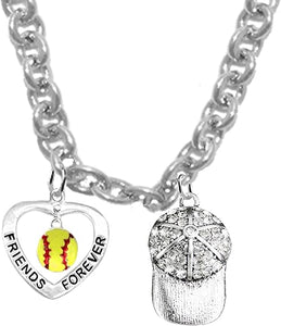 Softball Friends Forever, Crystal Hat, Sterling Silver, Solid .925 Sterling, Not Plated Or Coated,18 Inch Necklace.Charm,Nickel,Lead Free.Fast