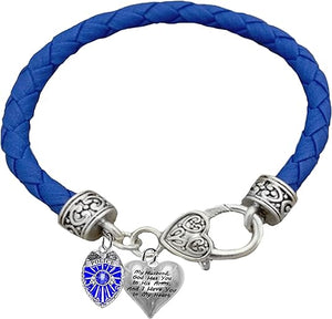 Policeman, My Husband, God Has You In His Arms, And I Have You In My Heart, Blue Leather Bracelet, Hypoallergenic, Safe-No Nickel, Lead,or Cadmimum