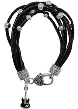 Black Guitar On Genuine Multi String Black Leather Bracelet, Hypoallergenic Safe-Nickel, Lead And Cadmium Free