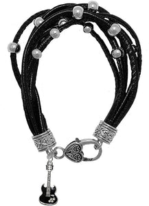 Black Guitar On Genuine Multi String Black Leather Bracelet, Hypoallergenic Safe-Nickel, Lead And Cadmium Free