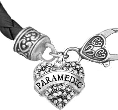 Paramedic Crystal Heart, On A Black Leather Hypoallergenic Bracelet, Nickel, Lead, And Poisonous Cadmium Free