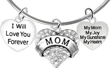 Mom, I Will Love You Forever, My Mom, My Joy, My Sunshine, My Heart, Adjustable Bracelet, Hypoallergenic, Safe-Nickel, Lead, Free