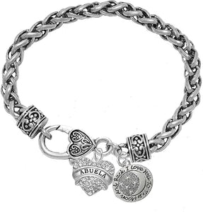 Grandma, Abuela Full Crystal Heart, I Love You To The Moon And Back On A Antique Wheat Chain Bracelet, Hypoallergenic Safe- No Nickel. Lead, Or Poisonous Cadmium