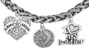 Army Mom, " I Love You To The Moon And Back", I Love My Soldier, Hypoallergenic, Safe-Nickel, Lead, Cadmium Free