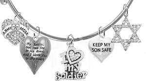 Army Mom, My Soldier, God Has You in His Arms and I Have You in My Heart, Crystal Star of David, Adjustable Bracelet, Hypoallergenic Safe, No Nickel, Lead, Or Poisonous Cadmium
