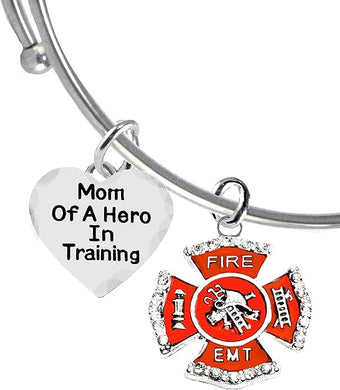 EMT, Firefighter, Mom Of A Hero In Training, Fire Department Charm, On A Adjustable Miracle Wire Bracelet, Hypoallergenic Safe-Nickel, Lead And Cadmium Free