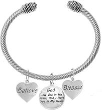 Believe, God Has You In His Arms, And I Have You In My Heart, Blessed, Adjustable Cable Bracelet, Hypoallergenic, Safe-Nickel, Lead, Cadmium Free