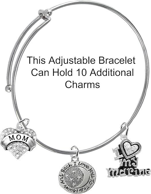 Marine Mom, I Love You to The Moon and Back, Crystal I Love My Marine, Adjustable Miracle Wire Bracelet, Hypoallergenic, Safe-Nickel, Lead, Cadmium Free